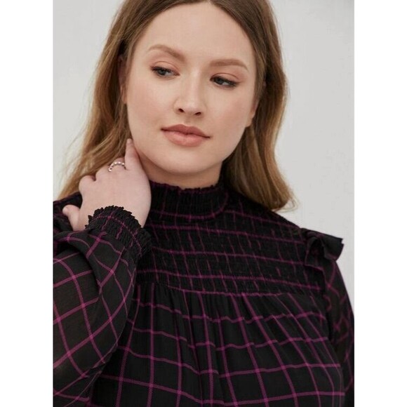 Torrid Crinkle Chiffon Smocked High Neck Blouse Black Purple Size 1 (XL 14/16) - Picture 5 of 16